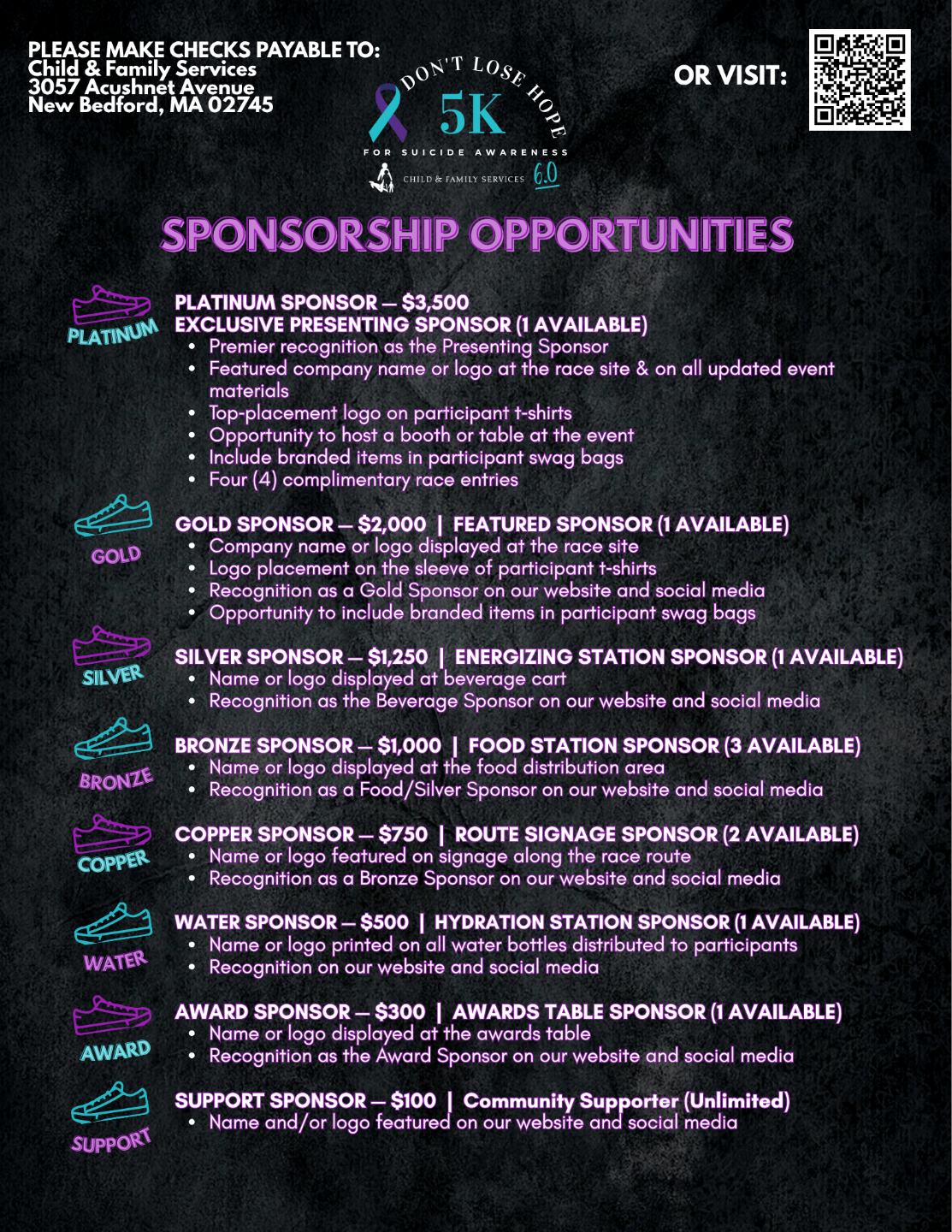 A flyer listing the sponsor levels and benefits for the Don't Lose Hope 5K for S